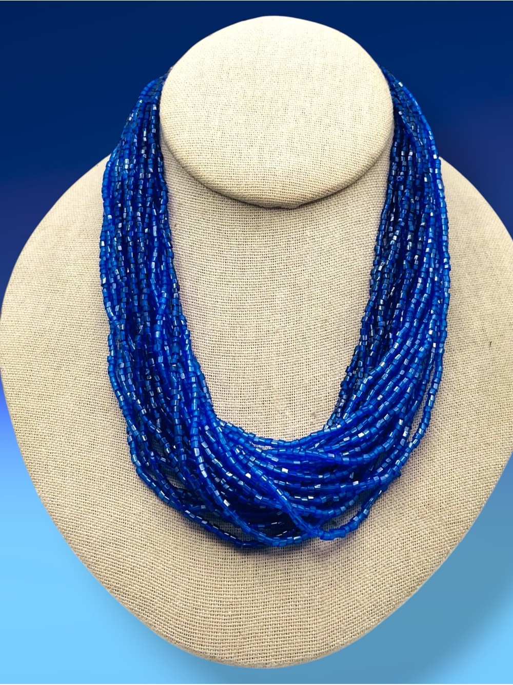 Stunning Vintage Sapphire Blue Multi Strand Glass Bead Statement Necklace